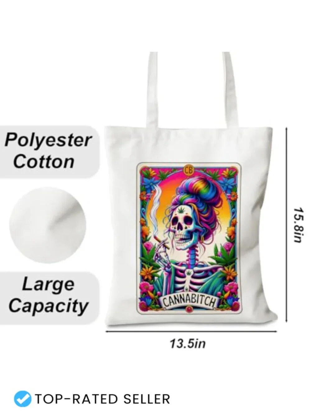 Reusable Canvas Tote Bag with Funny Skull Tarot Card Design, Polyester Cotton,
